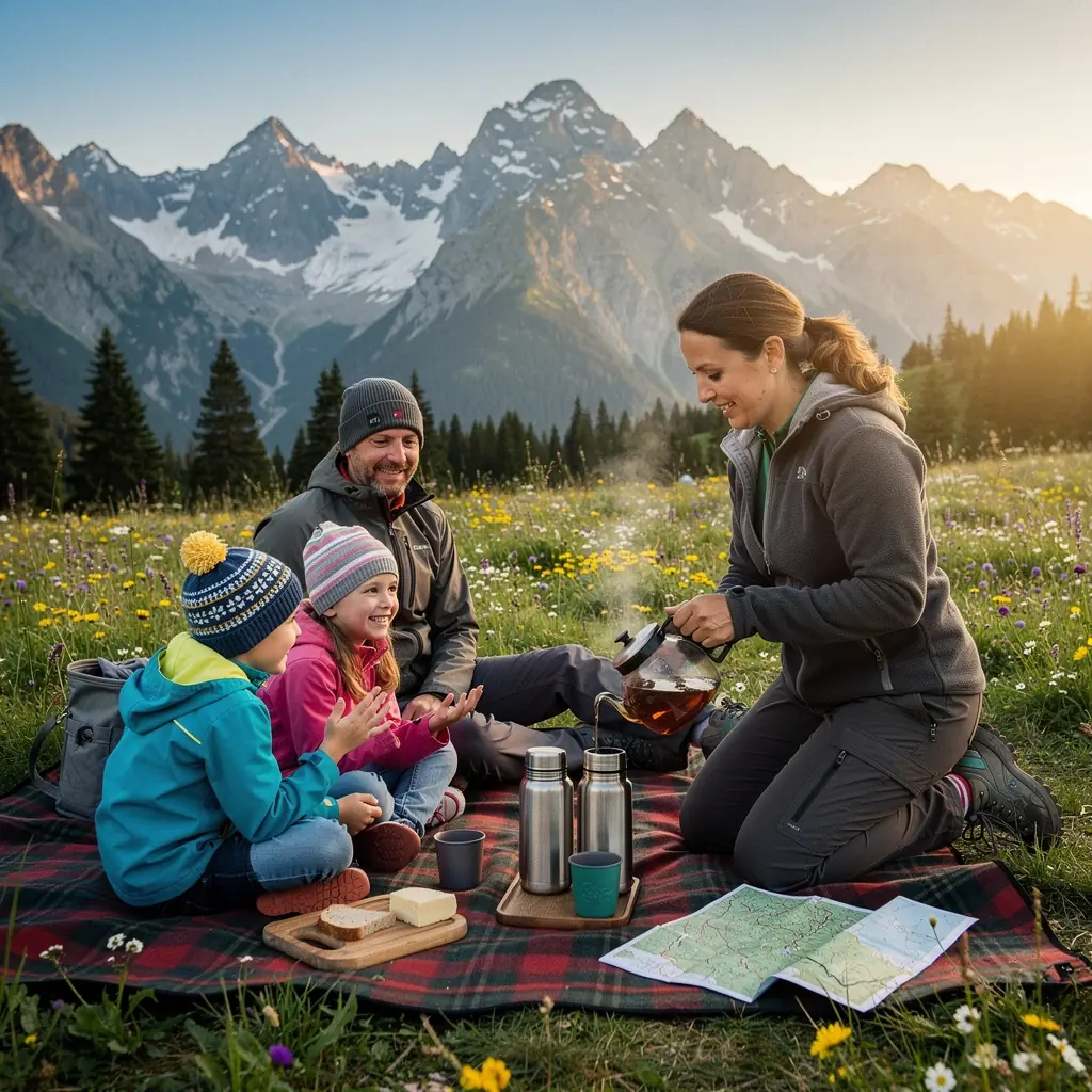 Scéna raňajok s šálkou čierneho čaju a čerstvým pečivom na stole.